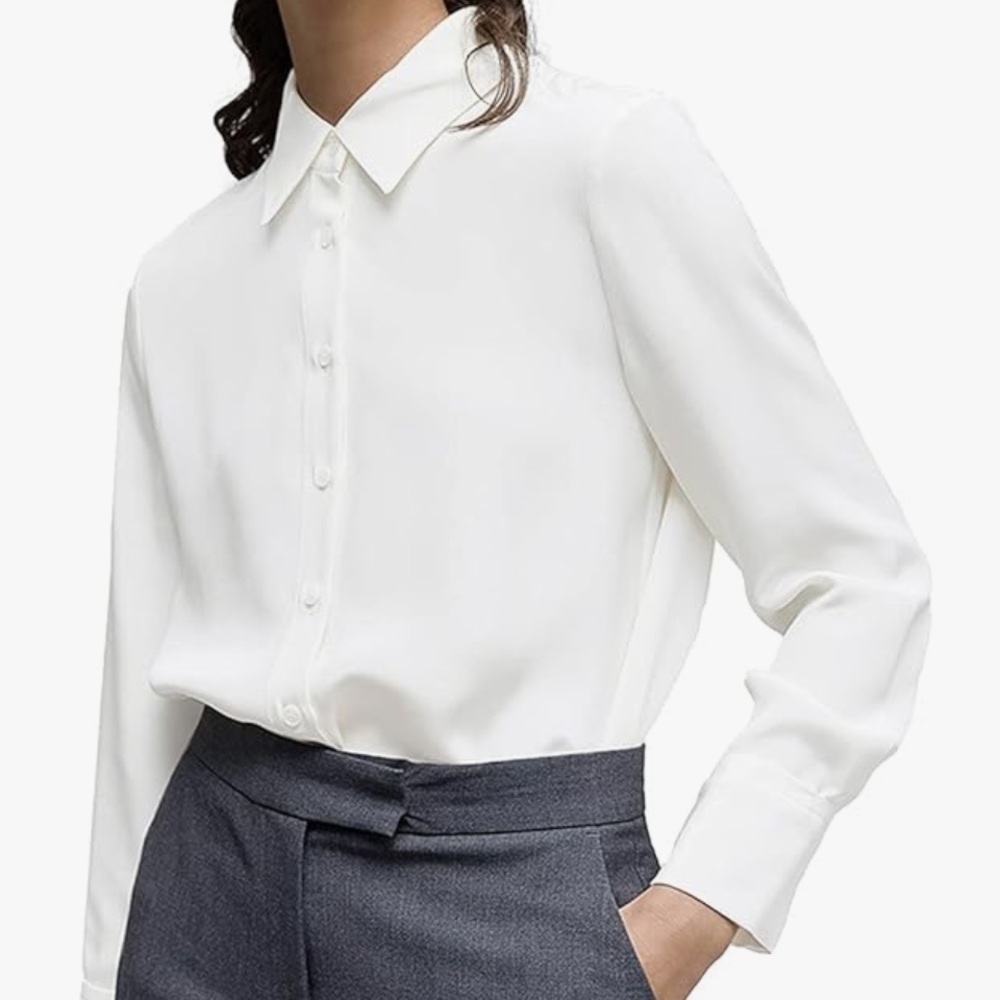 NWT Yamanman  XXL Women's Button Down White Long Sleeve Collared Blouse